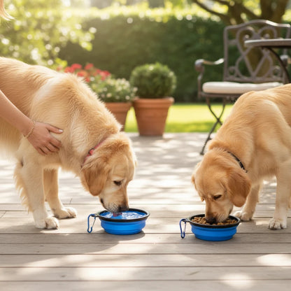 Two golden retrievers drinking and eating from blue Tailora collapsible silicone travel bowls on a sunny patio