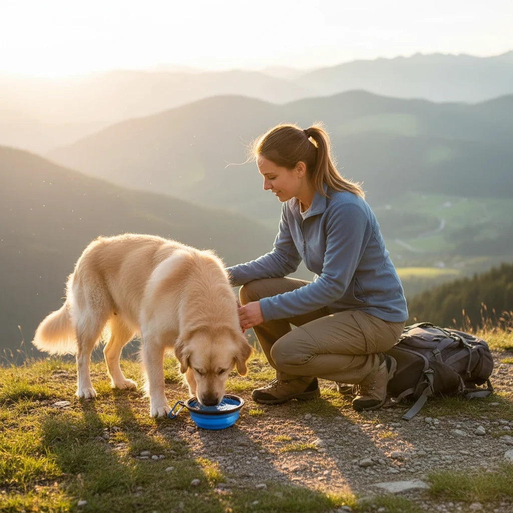 Tailora woman hiking with her dog using a blue collapsible silicone travel bowl on a mountain trail at sunset