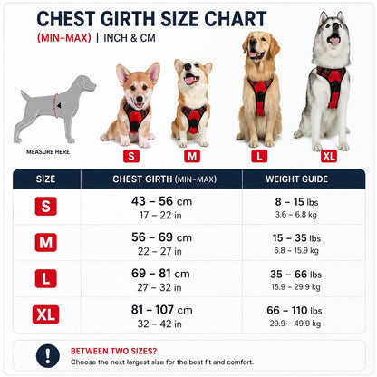 Tailora size chart for heavy-duty no-pull dog harness showing different dog breeds wearing red vests