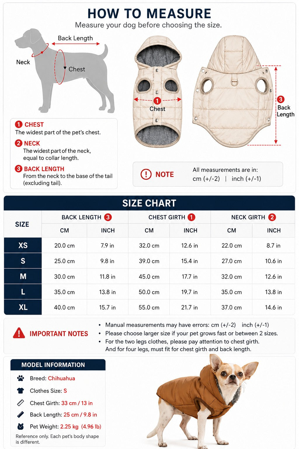 Tailora sizing guide for dog fleece hoodie showing measurement points and a Chihuahua wearing a size S coat