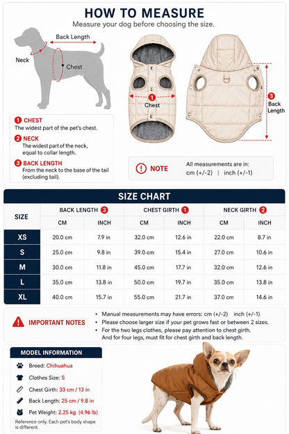 Tailora sizing guide for dog fleece hoodie showing measurement points and a Chihuahua wearing a size S coat