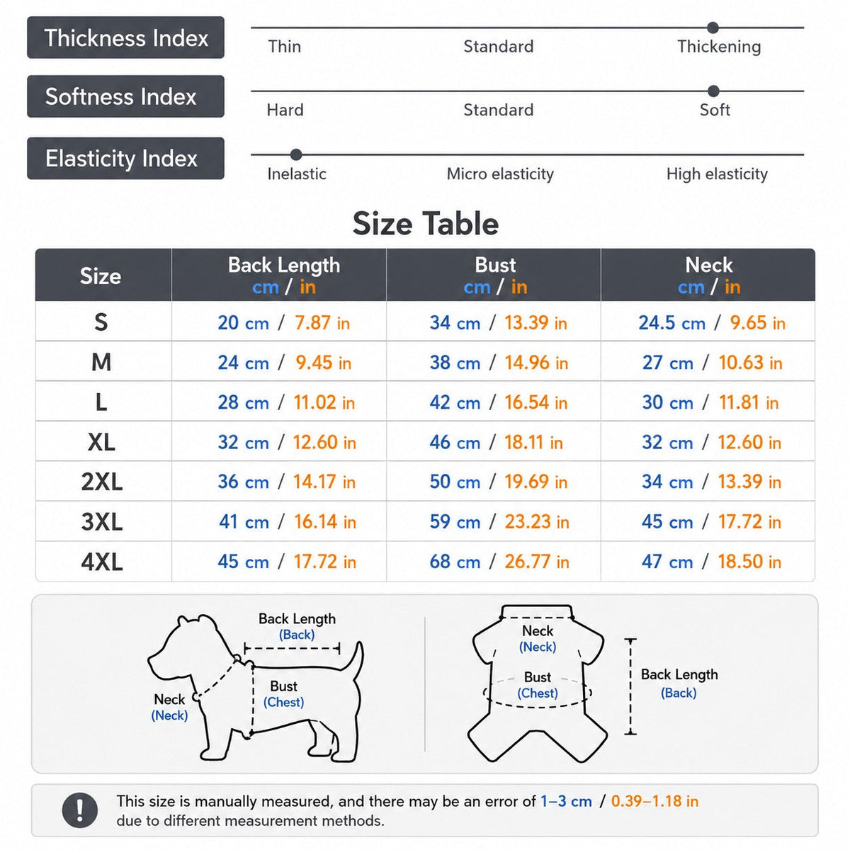 Tailora size chart for winter dog jacket showing measurements for back length, bust, and neck for sizes S to 4XL.