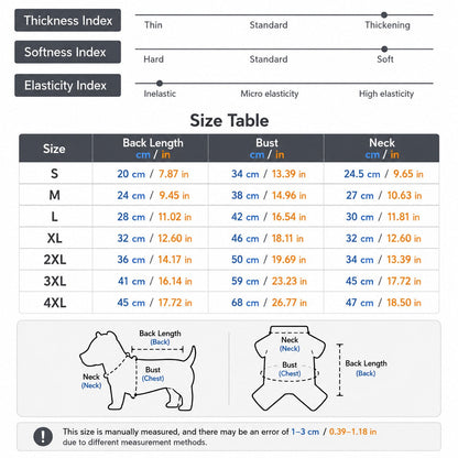 Tailora size chart for winter dog jacket showing measurements for back length, bust, and neck for sizes S to 4XL.