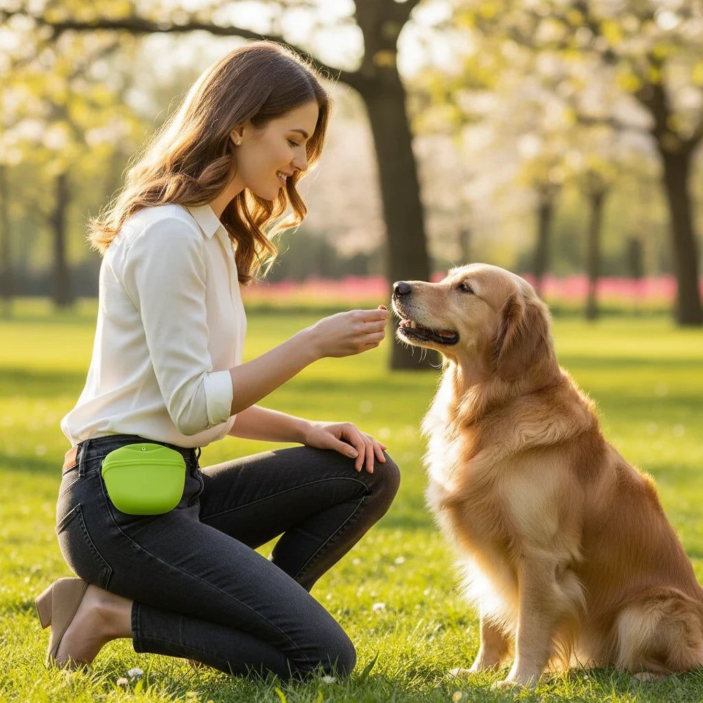 Tailora dog training pouch worn at the waist by a woman training her golden retriever in a sunny park.
