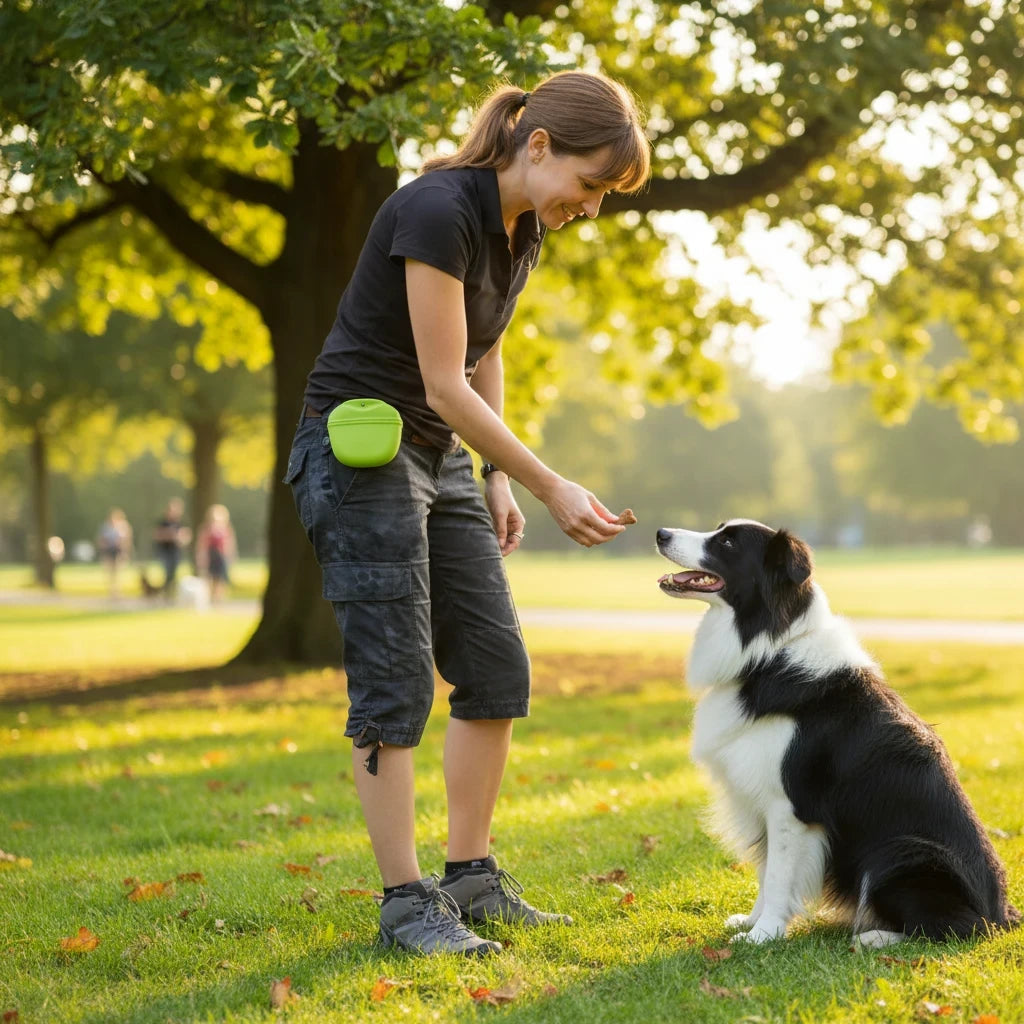 Tailora woman training her border collie in a park using a bright green hands-free dog treat pouch on her waist