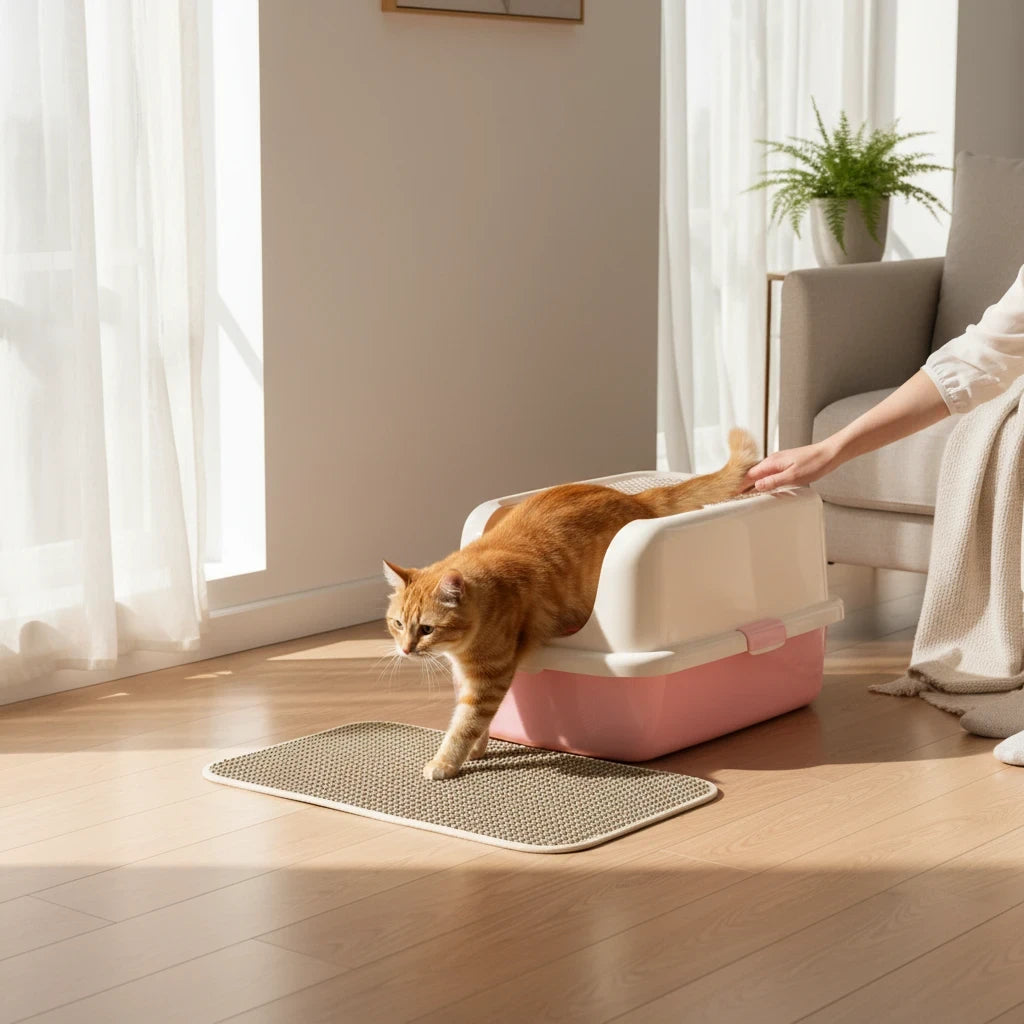Tailora ginger cat stepping out of a pink litter box onto a honeycomb double-layer waterproof litter mat in a home