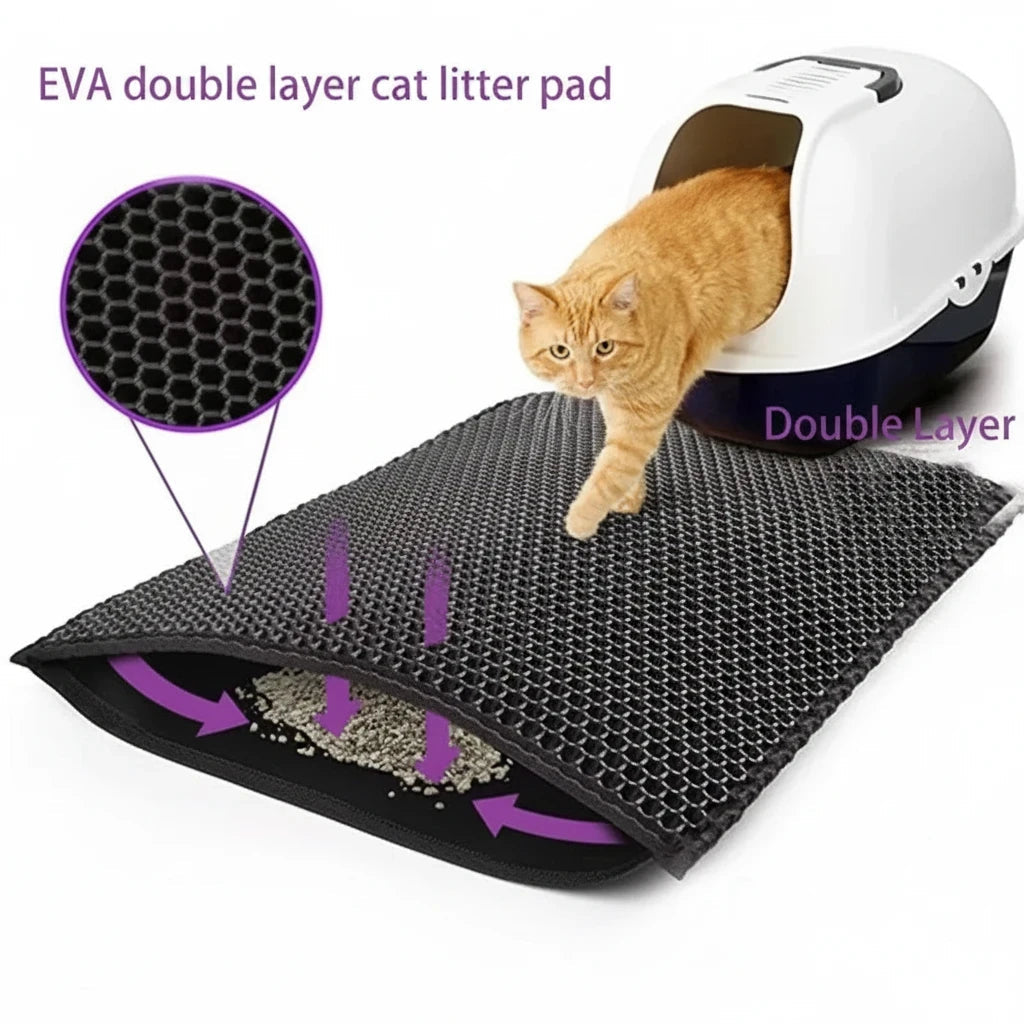 Tailora double-layer honeycomb cat litter mat in black EVA foam, showing litter being trapped between layers.
