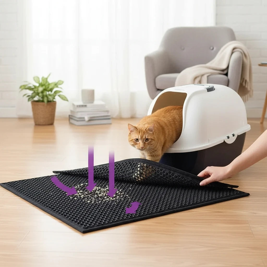 Tailora double-layer black honeycomb cat litter mat trapping granules in front of a litter box with an orange cat