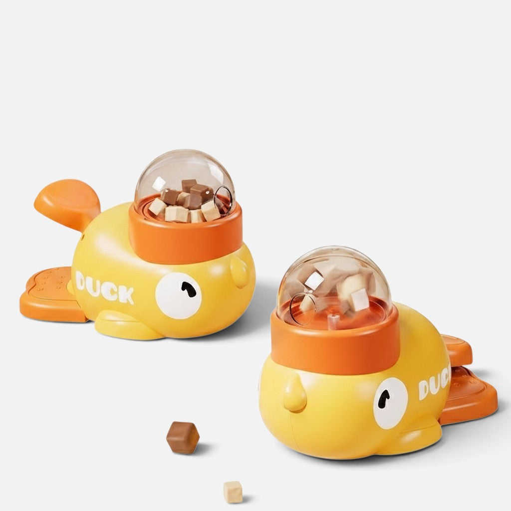 Tailora interactive duck-shaped treat dispenser toys for dogs and cats with clear domes and dry food inside