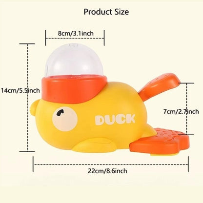 Tailora interactive duck-shaped treat dispenser toy with dimensions labeled for size reference