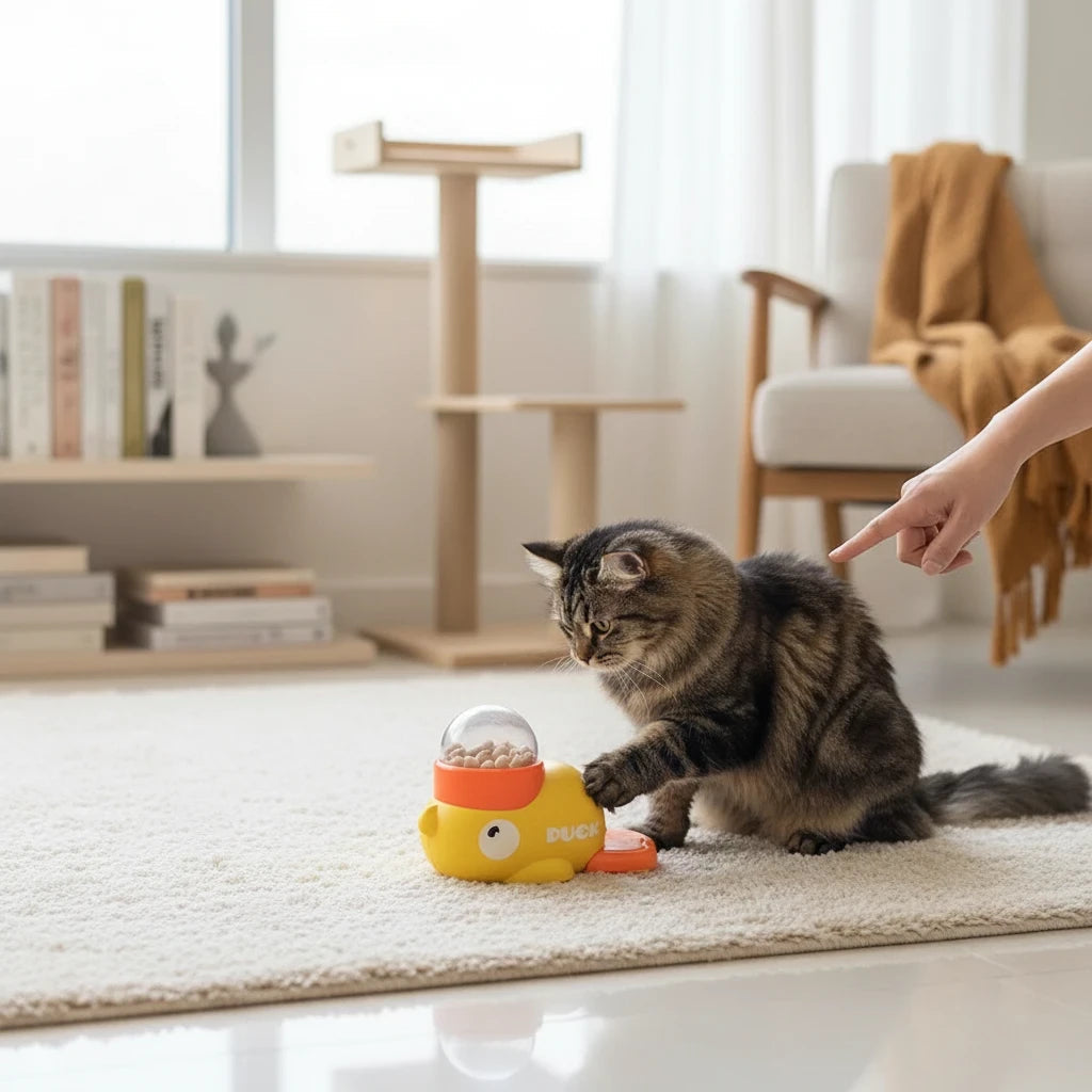 Tailora interactive duck-shaped treat dispenser toy being used by a fluffy cat on a living room rug