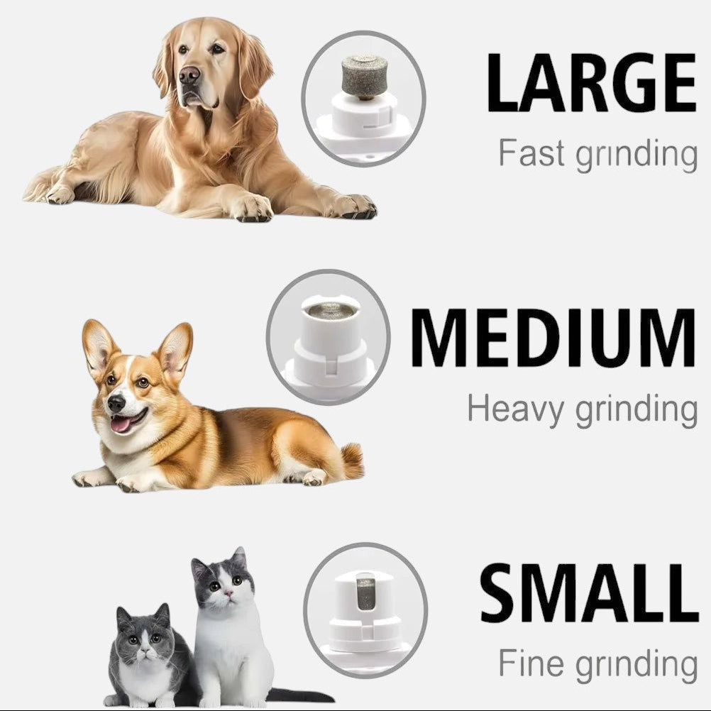 Tailora pet nail grinder showing three grooming ports for large, medium, and small dogs and cats