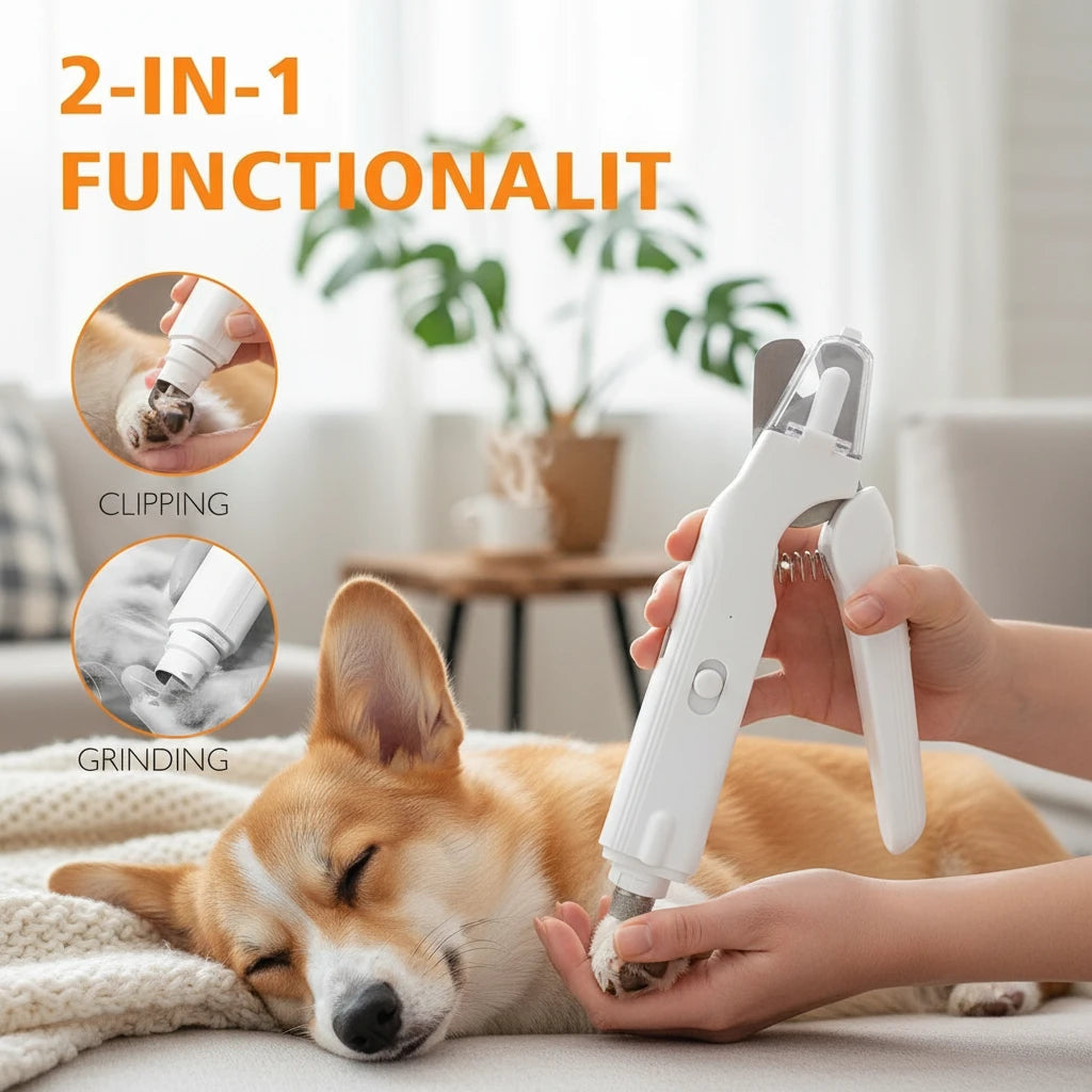 Tailora 2-in-1 electric pet nail grinder with LED light being used to trim a dog's paw with clipping and grinding modes