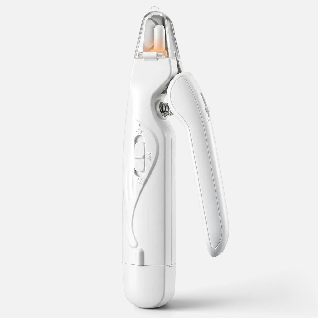 Tailora white electric pet nail grinder with built-in LED light and ergonomic handle for safe, quiet grooming.