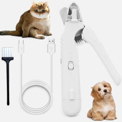 Tailora white electric pet nail grinder with LED light, USB cable, and cleaning brush, shown with a cat and dog.