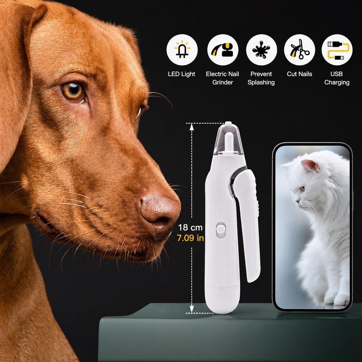 Tailora electric pet nail grinder with LED light, shown next to a dog and a cat for size reference.