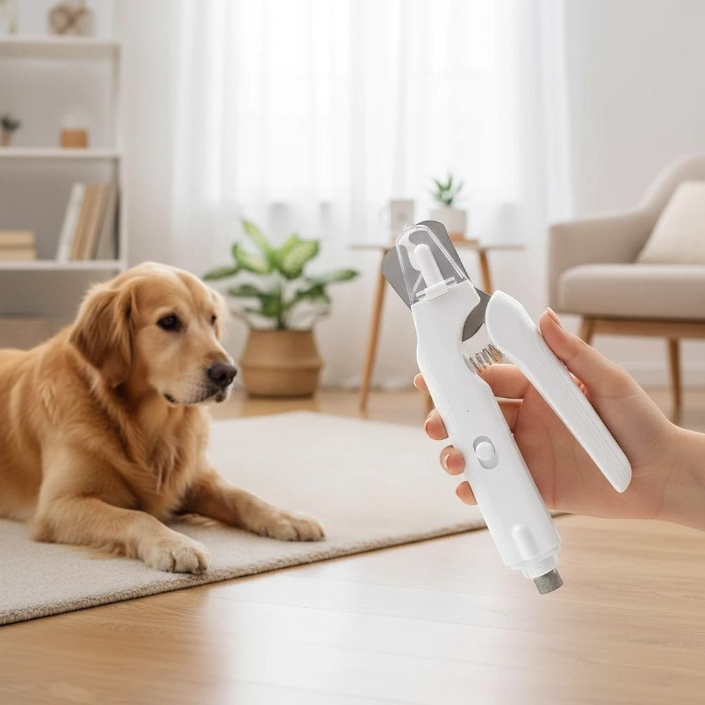 Tailora white electric pet nail grinder with LED light held in hand near a golden retriever dog