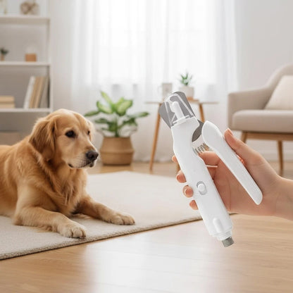 Tailora white electric pet nail grinder with LED light held in hand near a golden retriever dog