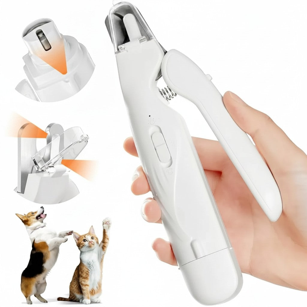 Tailora 2-in-1 LED electric pet nail grinder with ergonomic white handle, diamond bit, and built-in safety lights.
