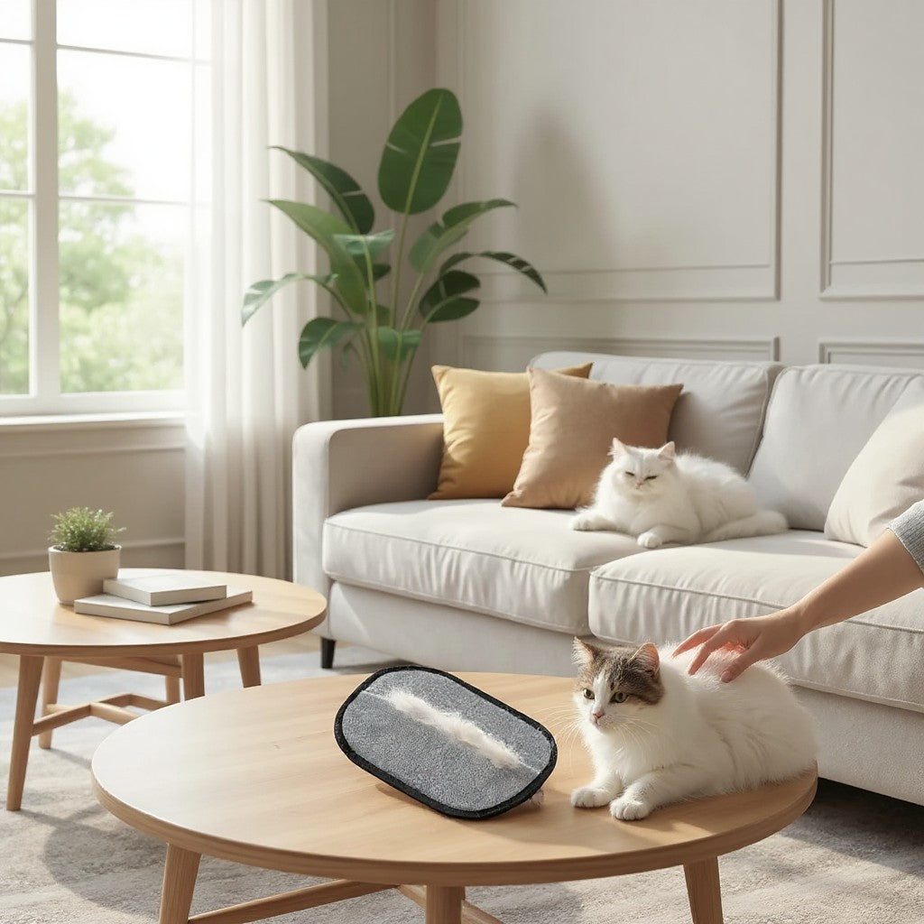 Tailora Electrostatic Grooming Glove on a wooden table next to a cat being petted in a bright living room.