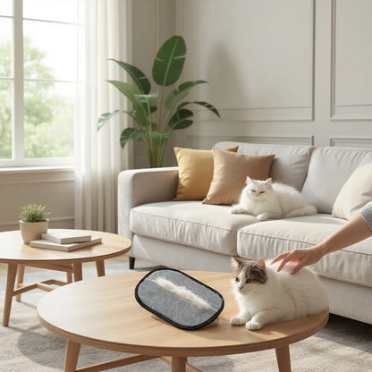 Tailora Electrostatic Grooming Glove on a wooden table next to a cat being petted in a bright living room.