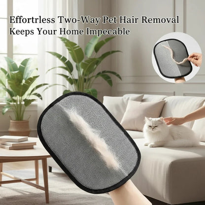 Tailora Electrostatic Grooming Gloves removing pet hair from a sofa with a white cat in the background