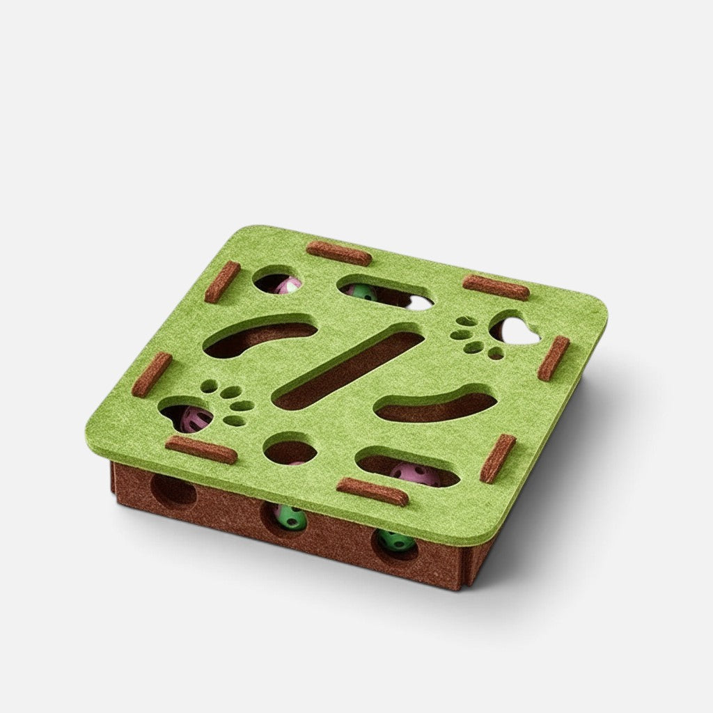 Tailora green and brown felt interactive cat puzzle box with peek-a-boo cutouts for hunting play