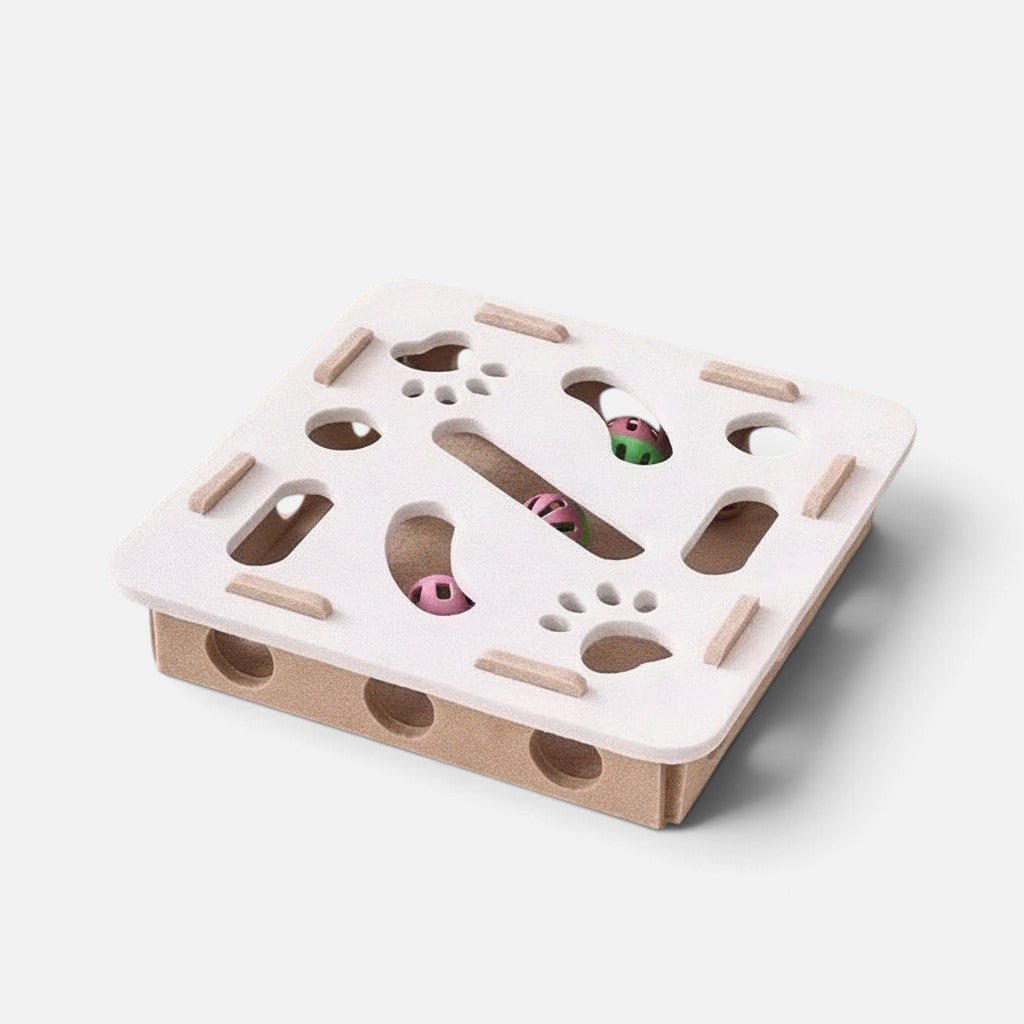 Tailora interactive felt cat puzzle box with peek-a-boo cutouts and colorful toy balls for indoor hunting play