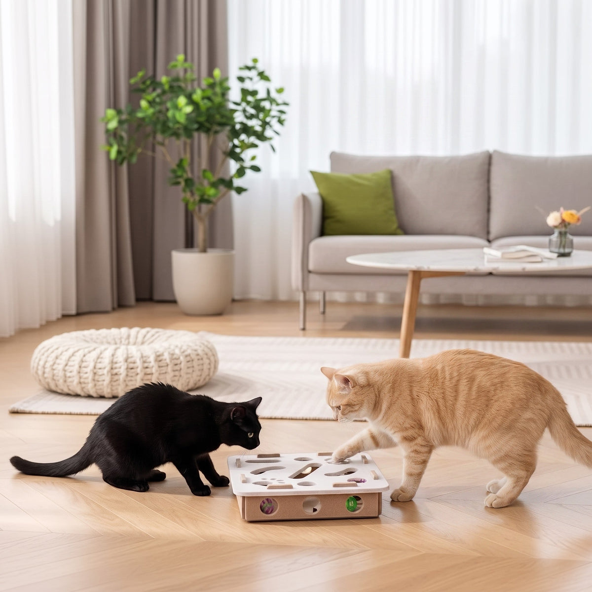 Tailora black and ginger cats playing with an interactive felt puzzle box on a wooden floor in a living room