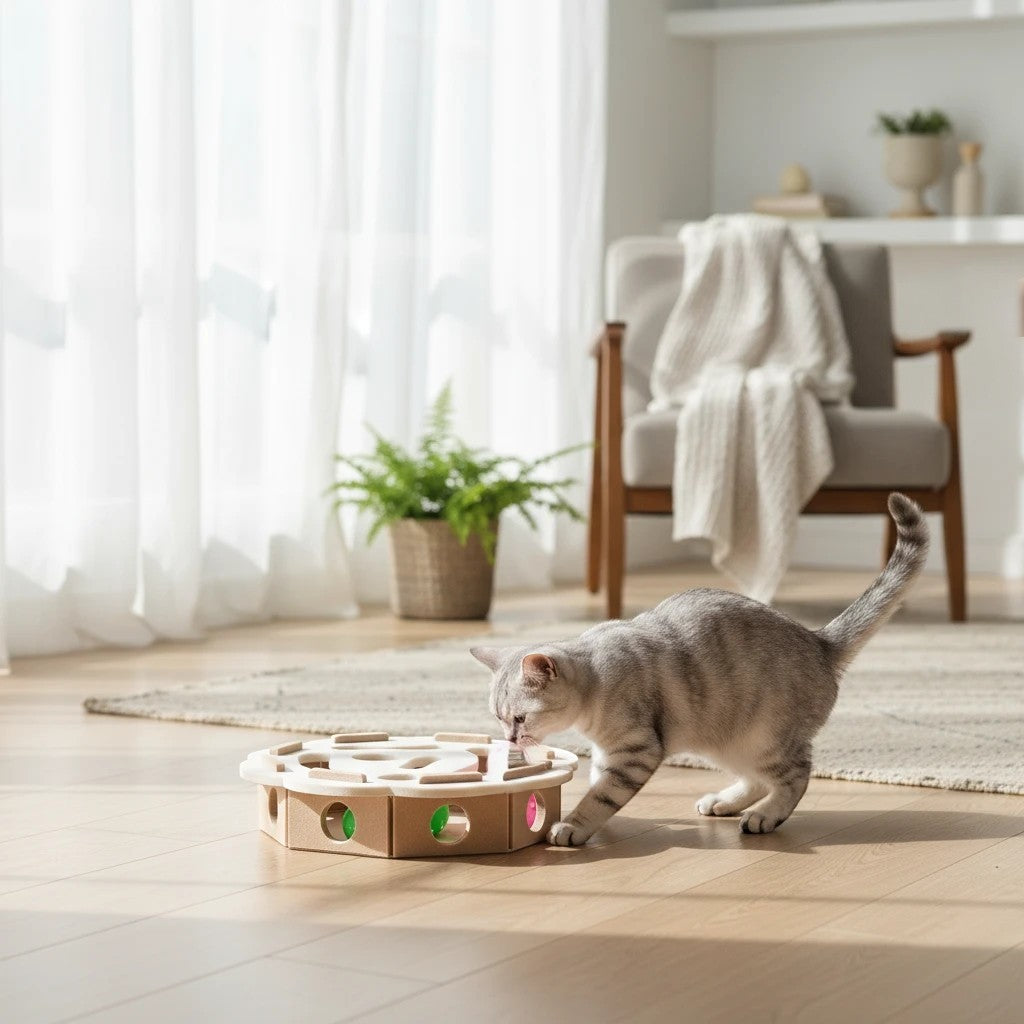 Tailora cat playing with a beige felt interactive puzzle box featuring peek-a-boo holes on a bright living room floor