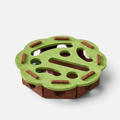 Tailora green and brown felt interactive cat puzzle box with peek-a-boo cutouts for hunting play