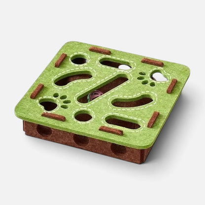 Tailora green and brown felt interactive cat puzzle box with peek-a-boo cutouts for hunting play