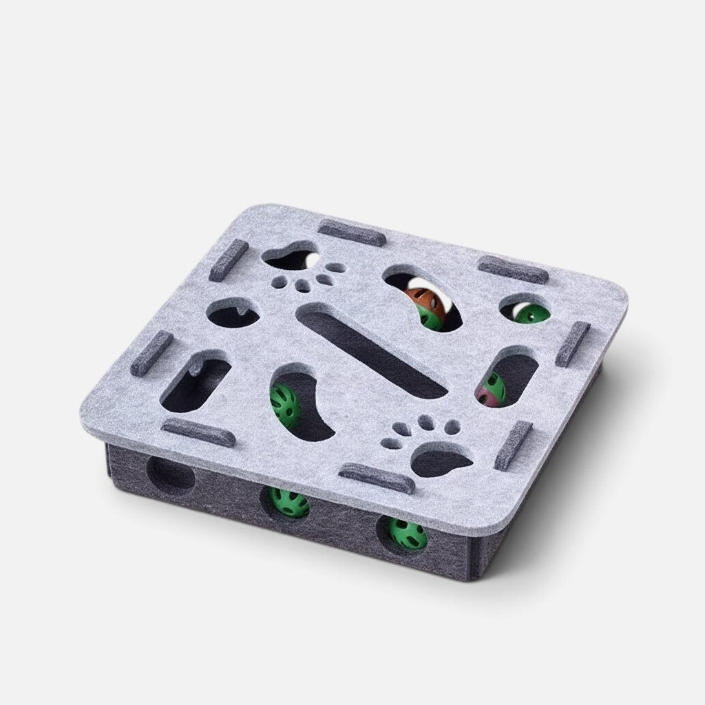 Tailora grey felt interactive cat puzzle box with peek-a-boo cutouts and small green play balls for hunting stimulation