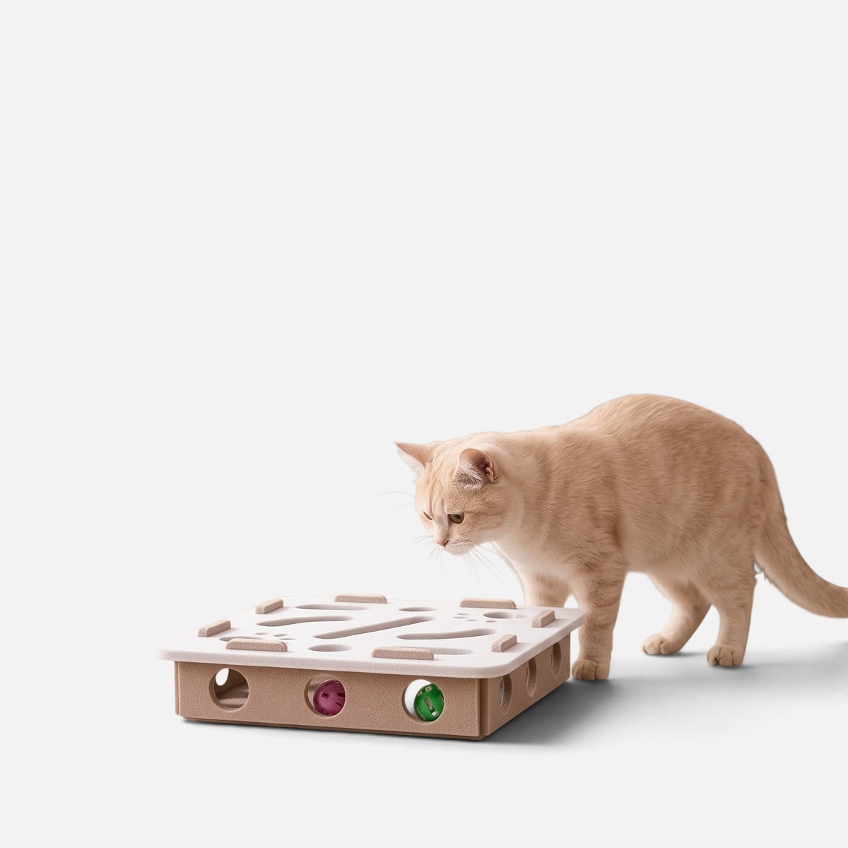 Tailora interactive felt cat puzzle box with peek-a-boo holes and toy balls, featuring a beige cat playing.