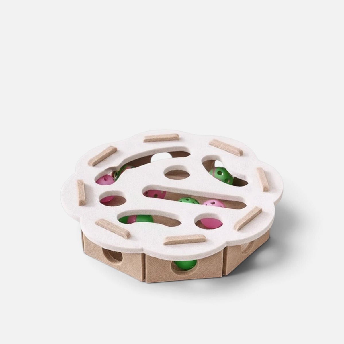 Tailora felt interactive cat puzzle box with peek-a-boo cutouts and colorful toy balls for indoor feline play