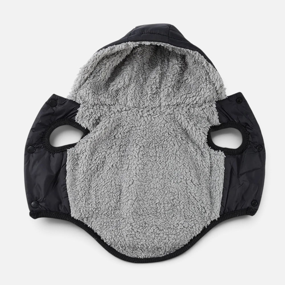 Tailora warm dog hoodie featuring a black exterior and soft grey fleece lining with snap button closures