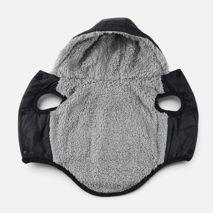 Tailora warm dog hoodie featuring a black exterior and soft grey fleece lining with snap button closures