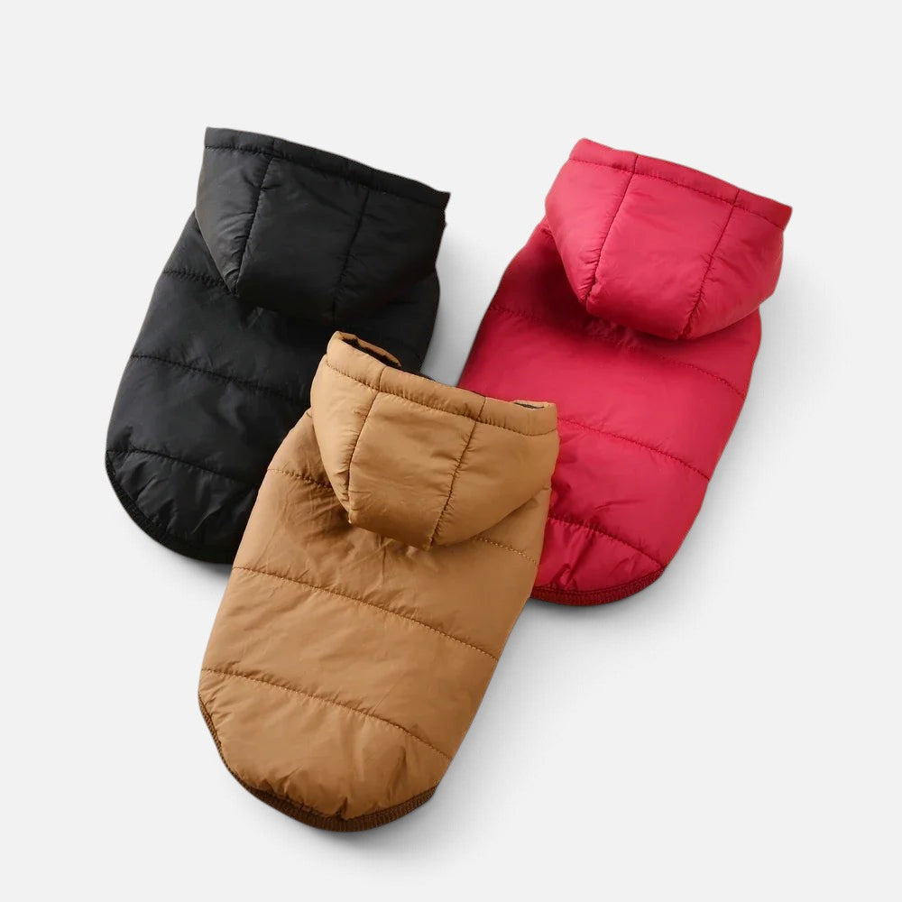 Tailora warm fleece dog hoodies in black, red, and tan with quilted texture and cozy hoods for winter