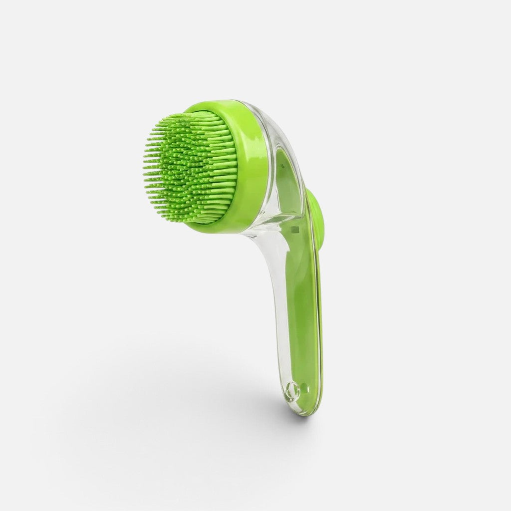 Tailora 2-in-1 green silicone pet bath brush with an ergonomic handle for grooming, massaging, and deshedding.
