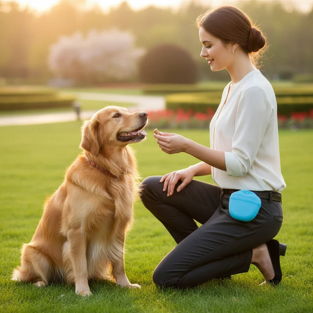 Tailora hands-free dog training pouch in blue worn on a belt by a woman training a golden retriever in a park