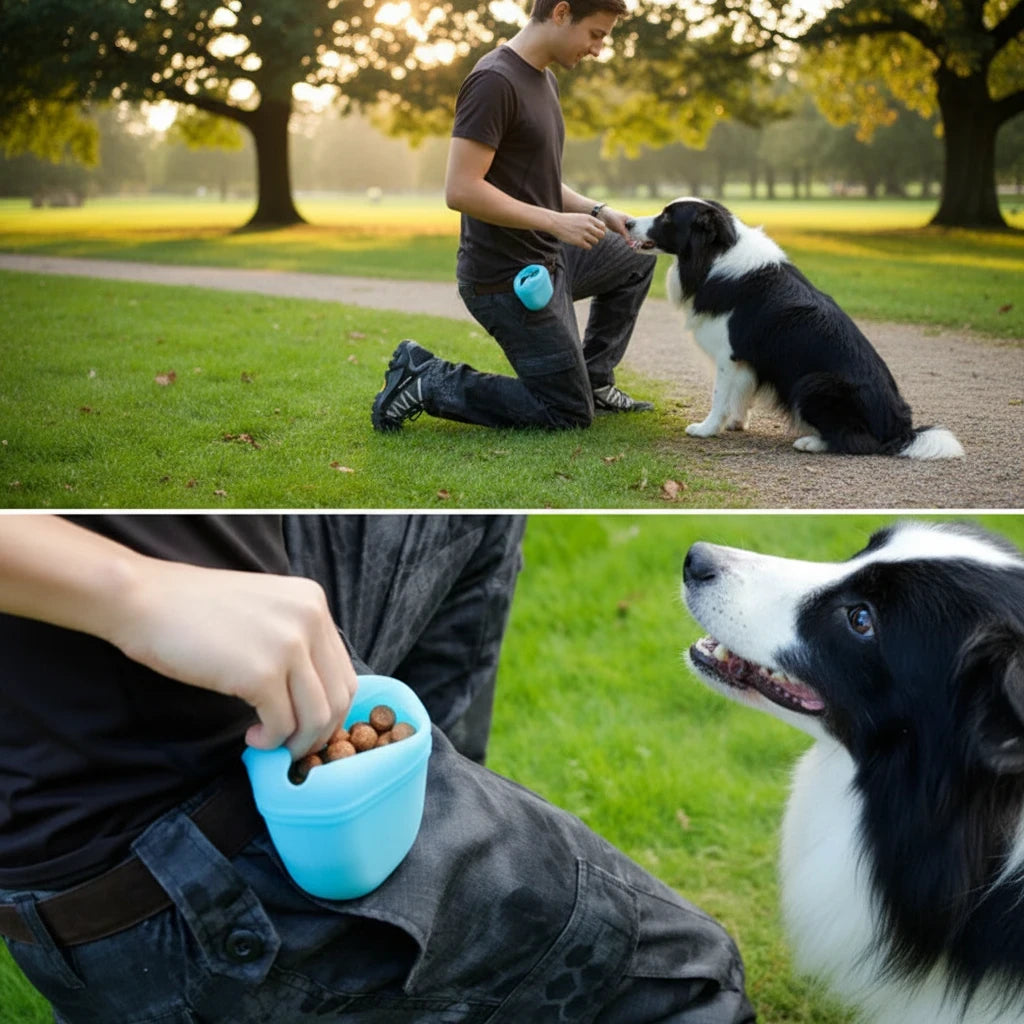 Tailora hands-free dog training pouch in light blue silicone clipped to a person's pocket while training a dog