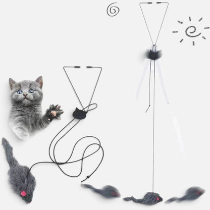 Tailora hanging door cat toy with plush mouse, elastic cord, and door frame clip, featuring a playful grey kitten.