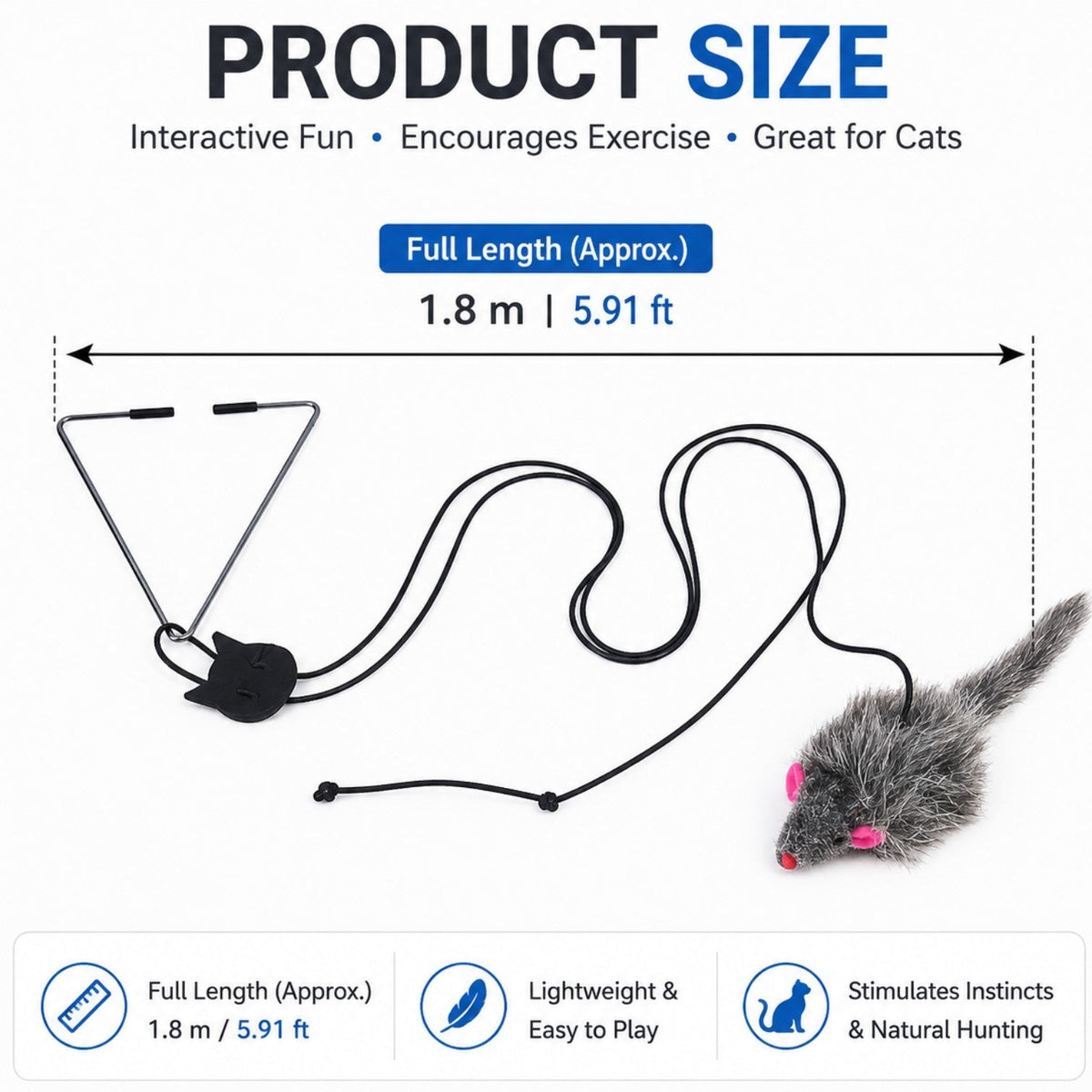 Tailora hanging door teaser toy for cats with a grey plush mouse, elastic cord, and triangular door frame clip.