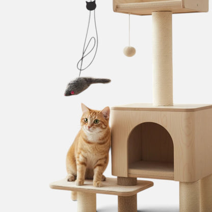 Tailora hanging door teaser toy with a grey plush mouse on an elastic cord, engaging an orange tabby cat