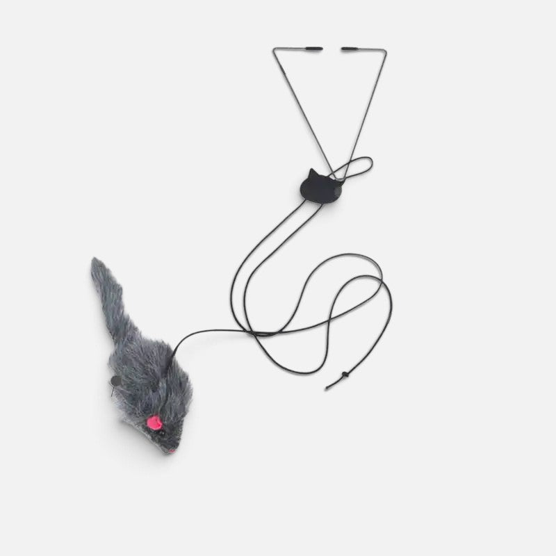 Tailora hanging door teaser toy for cats featuring a grey plush mouse on an adjustable elastic cord with a door clip