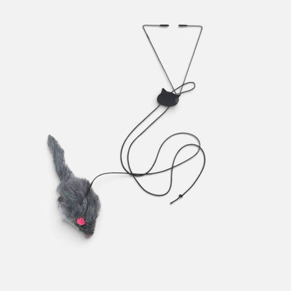 Tailora hanging door teaser toy for cats featuring a grey plush mouse on an adjustable elastic cord with a door clip