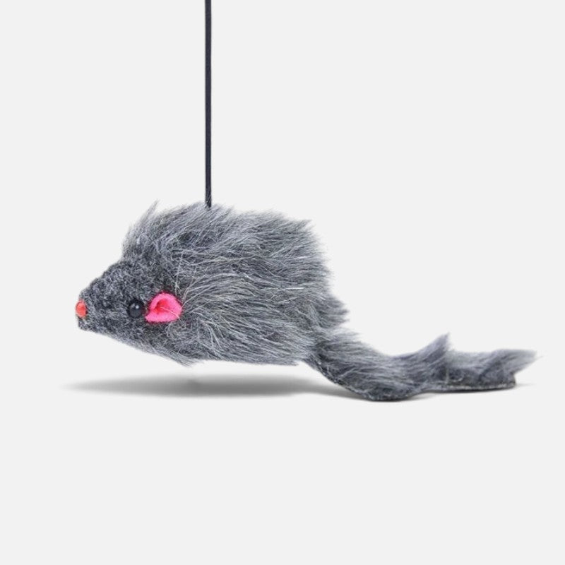 Tailora grey plush mouse toy hanging from an elastic cord for interactive cat exercise and solo play