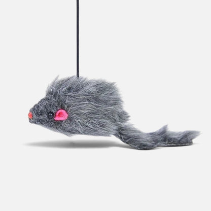 Tailora grey plush mouse toy hanging from an elastic cord for interactive cat exercise and solo play