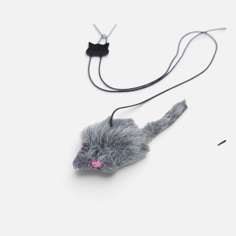 Tailora hanging door teaser toy with a grey plush mouse, elastic cord, and a black cat-shaped door frame clip.
