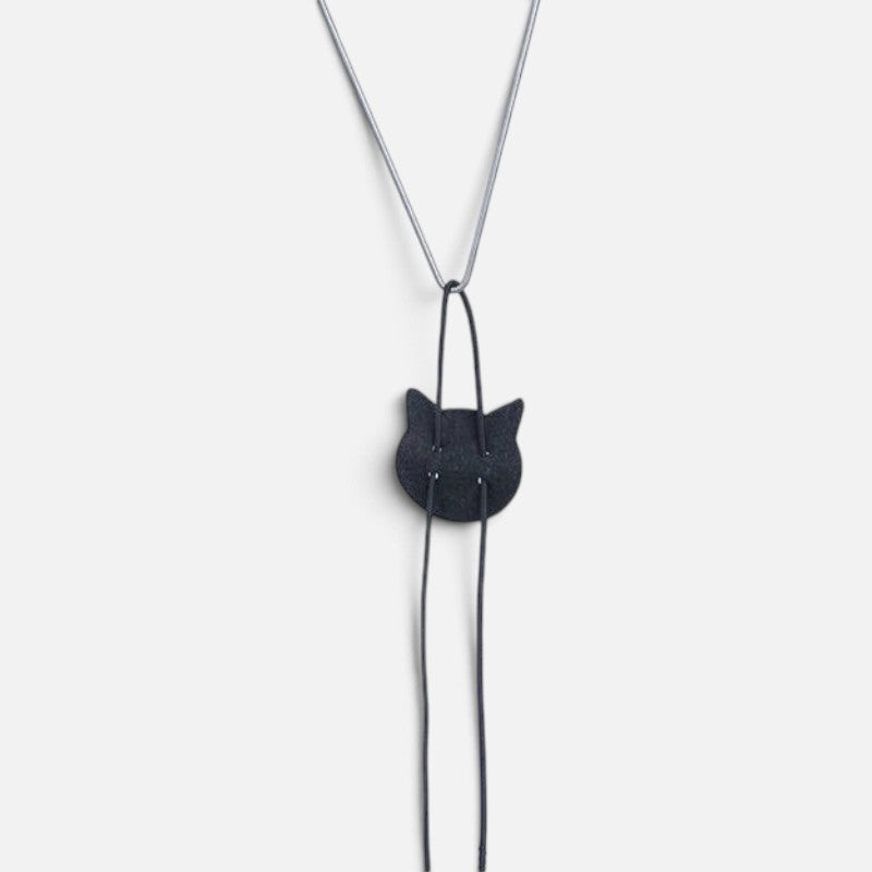 Tailora hanging door teaser toy with a black plush cat head attachment on an adjustable elastic cord